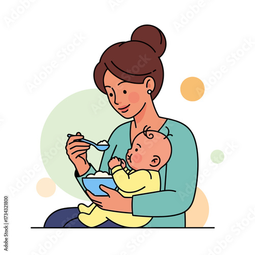 A loving mother gently feeds her infant baby a spoonful of soft food from a blue bowl, fostering a moment of care and nourishment.
