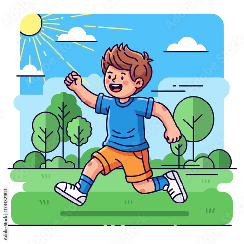 A happy cartoon boy running energetically in a park on a sunny day.