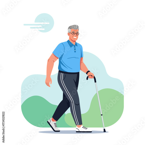A smiling elderly man with grey hair and glasses walks confidently with a cane in a bright, abstract outdoor setting.