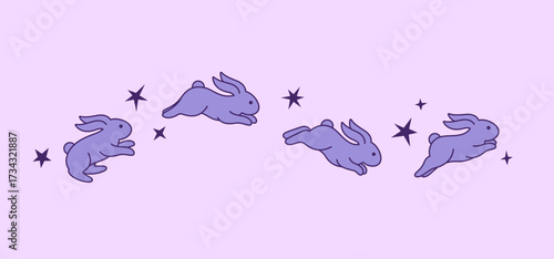 Jumping bunnies, little rabbits, hares among stars. Magic, dreamy, astrological, fantasy illustration