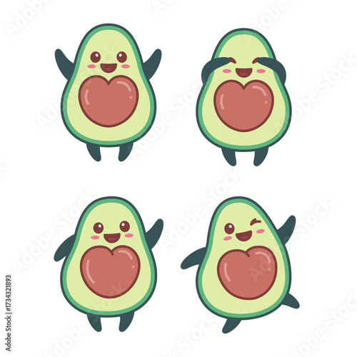 Simple kawaii avocado characters in various poses, set of cute kids illustrations