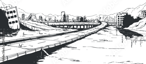 A detailed black and white sketch of an abandoned city landscape with a flooded river..