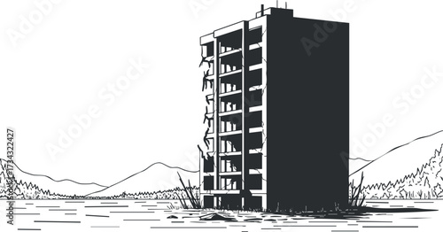 An illustration of an abandoned building surrounded by nature and water, conveying desolation..
