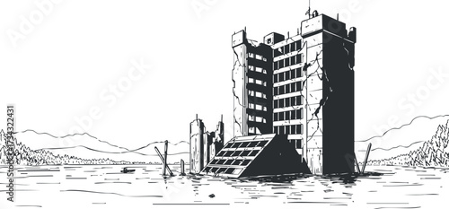 A stark illustration of a flooded, abandoned building surrounded by a desolate landscape..