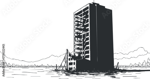 A stark illustration of an abandoned skyscraper reflecting in calm waters surrounded by nature..