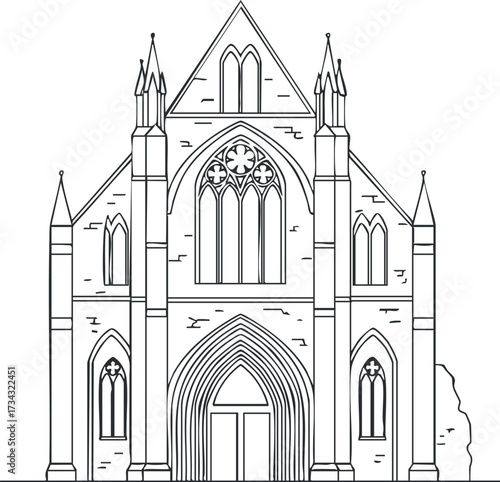 Detailed line drawing of a gothic style church with pointed arches and spires..