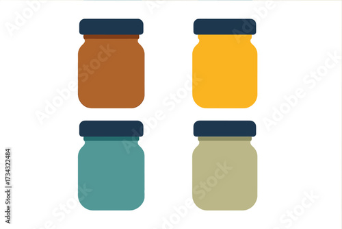 Assortment of colorful jars with dark blue lids for various food storage, kitchen organization, and pantry needs