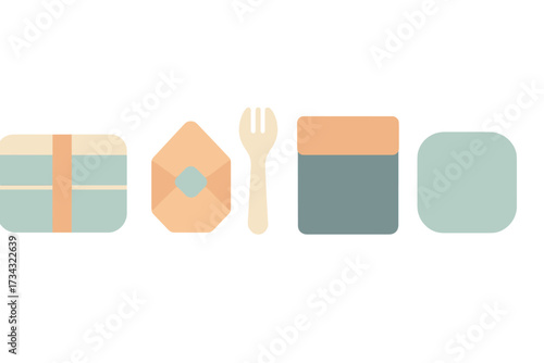 Minimalist everyday items set: wrapped present, open envelope, dining fork, and storage box with rounded corners