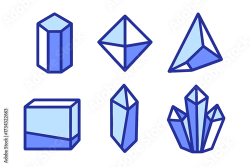 Assortment of blue geometric crystal and mineral shapes with distinct outlines, perfect for abstract design elements and icons