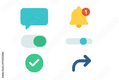 Modern user interface elements for digital applications and web design including message bubble, toggles, notification bell, and checkmark