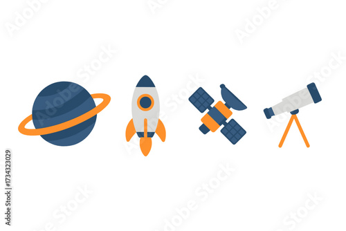 Cosmic journey icons with a planet, launching rocket, orbiting satellite, and powerful telescope