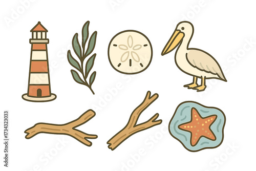 Coastal elements collection with lighthouse, pelican, sand dollar, starfish, seaweed, and driftwood