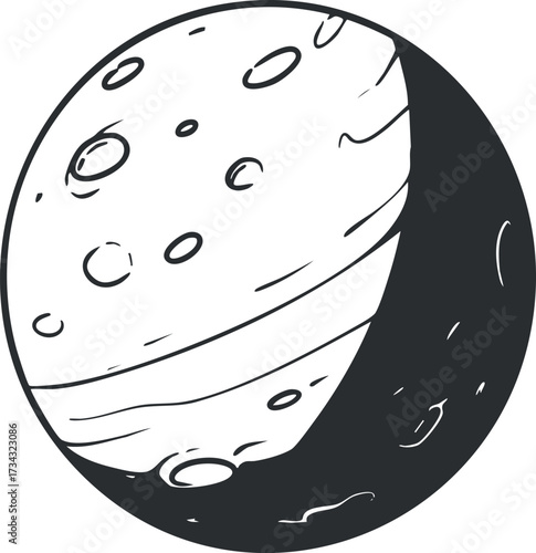 Illustration of a stylized planet with craters and surface details in a cosmic setting..