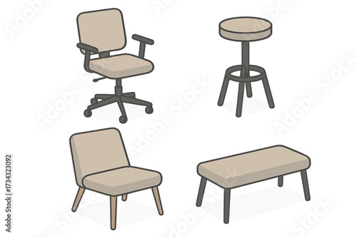 Diverse collection of modern seating furniture including an ergonomic office chair, high bar stool, comfortable lounge chair, and a minimalist bench