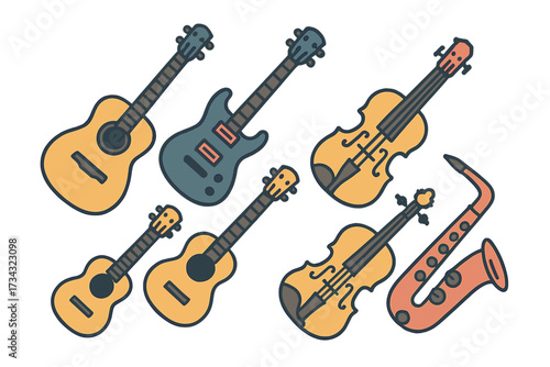 Colorful array of string and wind musical instruments featuring guitars, ukuleles, violins, and a saxophone