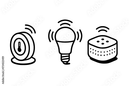 Smart home devices with wireless connectivity symbols: thermostat, light bulb, speaker for modern technology