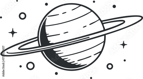 Illustration of a planet with rings surrounded by stars and other celestial elements in space..