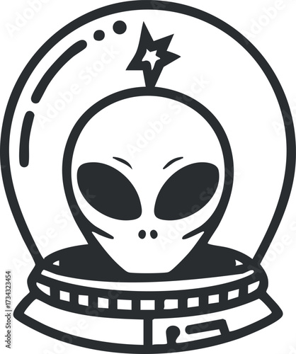 An artistic representation of an alien inside a snow globe showcasing a whimsical design..