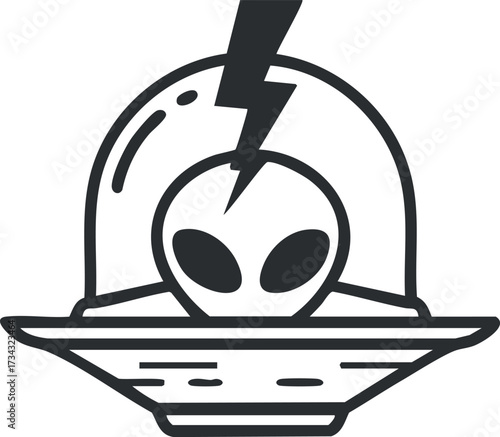 A stylized illustration of an alien spaceship with a lightning bolt design..
