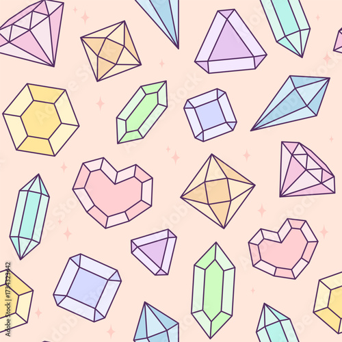 Diamonds and crystals of various shapes seamless pattern, background. Cartoon style illustrations