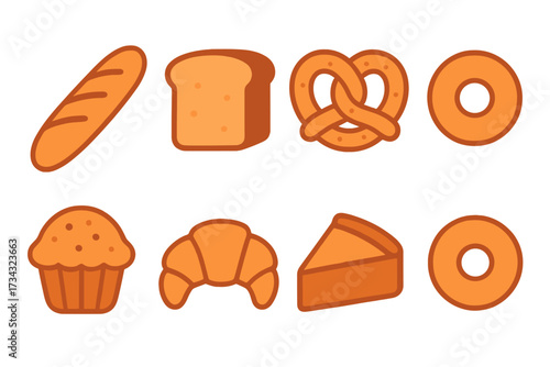 Assortment of freshly baked goods and pastries including various types of bread, pretzels, bagels, muffins, croissants, and cake slices