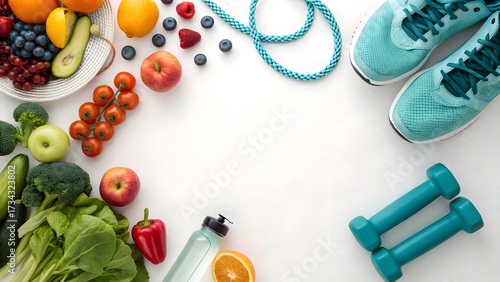 Produce and fitness gear border, white center copy space