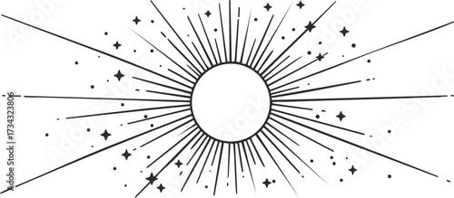 A stylish sunburst design featuring rays and stars radiating outward in an abstract pattern..
