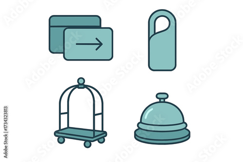 Modern flat design hotel and hospitality service icons set with key card door hanger luggage cart and reception bell