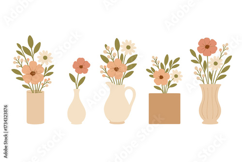 Assortment of delicate botanical flower arrangements in diverse decorative vases and pots with soft pastel colors and earthy tones