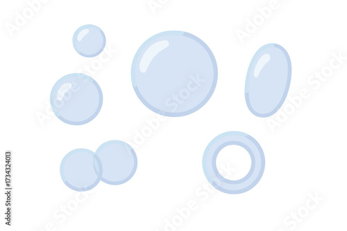 Various light blue translucent bubbles and water drops with subtle reflections on a clean white background