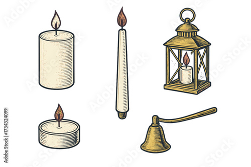 Collection of vintage style burning candles, a classic decorative lantern, and a traditional candle snuffer