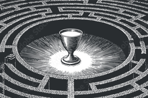 A detailed illustration of a cup placed at the center of a complex maze symbolizing challenges and achievements..