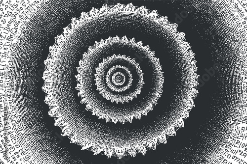 An abstract black and white spiral pattern with intricate geometric shapes and numbers..