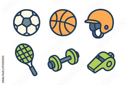 Collection of sports equipment and fitness gear icons including balls, helmet, racket, dumbbell, and whistle