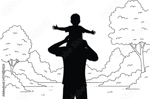 Silhouette of a father carrying his child on his shoulders in a park, father, dad, child, son, daughter, silhouette, carrying, shoulders, piggyback, park, nature, trees, bushes, outdoors, family, love