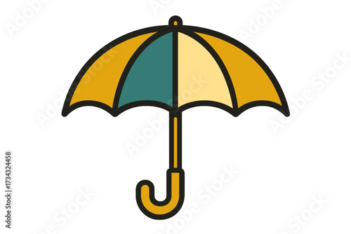 Brightly colored umbrella with alternating panels providing shelter from rain and sun, a symbol of protection and weather preparedness