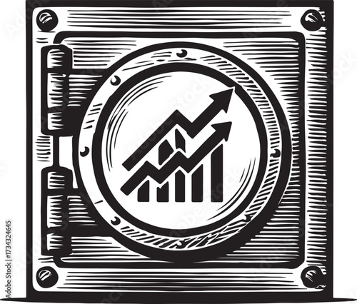 Woodcut illustration of an open safe revealing a rising stock market graph with upward trending arrows symbolizing financial growth