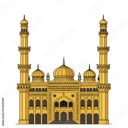 Chowmahalla Palace Hyderabad, an elegant flat 2D vector illustration, showcases the iconic Indian heritage architecture isolated on a plain white background.