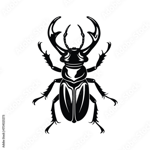 Black Silhouette of a Stag Beetle on White Background Keywords: stag beetle, insect, arthropod