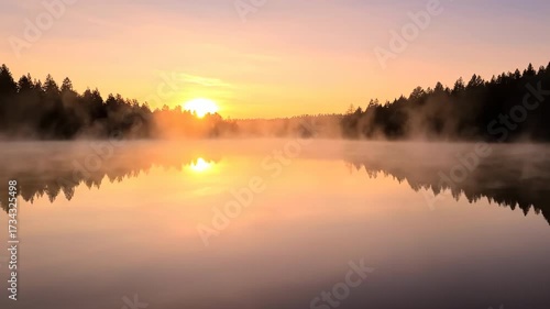 Wallpaper Mural ﻿Golden hour light bathes a serene, misty lake at sunrise, with gentle fog rolling over the calm water nature, wide shot, misty morning Torontodigital.ca