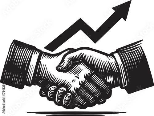 Vintage woodcut illustration of a handshake symbolizing successful business partnership and financial growth with an upward trending graph