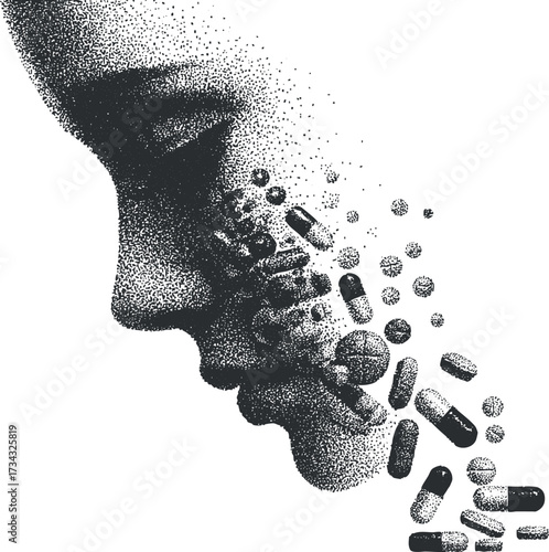 An abstract illustration of a face with pills dissolving into dots, symbolizing health and wellness..