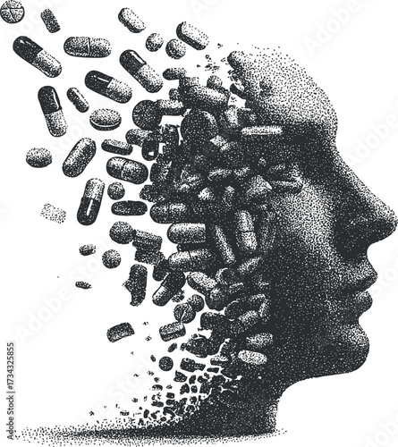 An abstract representation of a human head disintegrating into pills symbolizing health and mental challenges..
