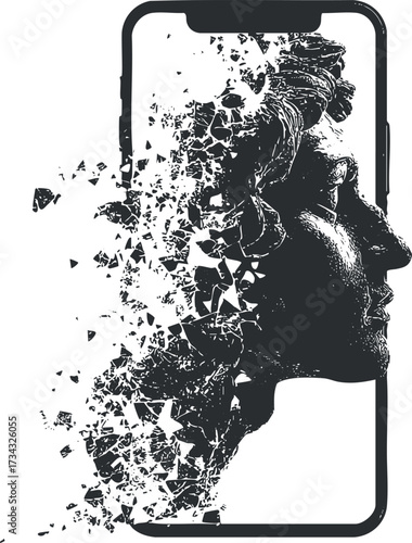 A creative illustration of a fragmented face emerging from a smartphone device..