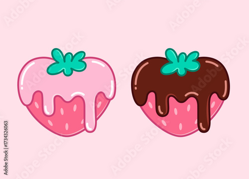 Strawberries in glaze and chocolate. Simple cute kawaii cartoon style illustration