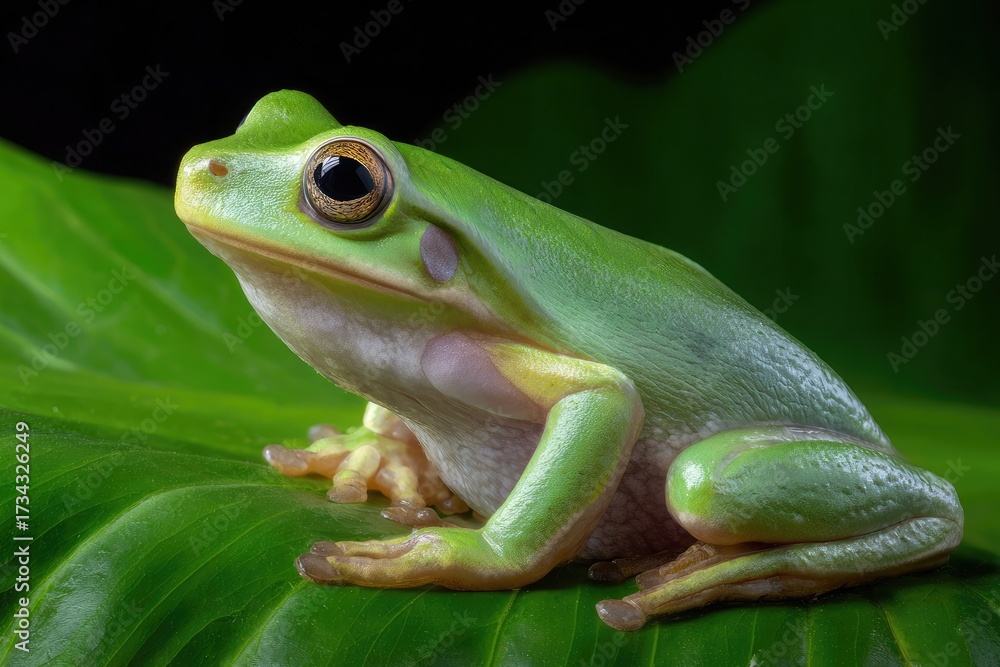 Obraz premium Bright Green Frog with Prominent Eyes on Dark Background