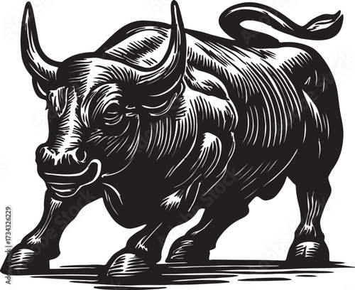 Powerful black and white engraving style illustration of a fierce bull charging forward with determined expression