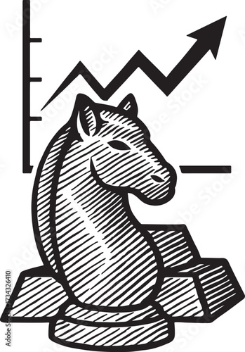 Strategic investment growth concept depicted by chess knight on gold bars with upward trend graph