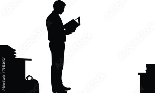 Silhouette of a man reading a book in an office setting, silhouette, man, person, reading, book, studying, learning, knowledge, education, office, desk, files, briefcase, standing, full length, side v