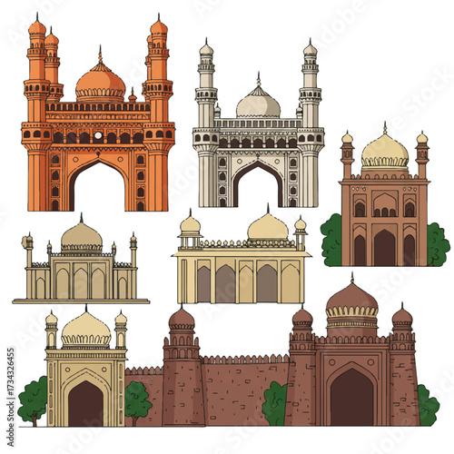 Iconic Hyderabad architectural landmarks are exquisitely showcased in a clean flat 2D vector illustration, presenting a striking and minimalist view on a plain white background.